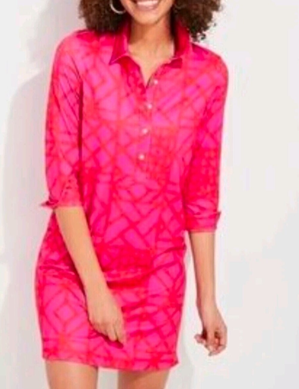 Vineyard Vines Margo Dress Collared Small Pink & Red Bamboo Lattice Print Sz. S